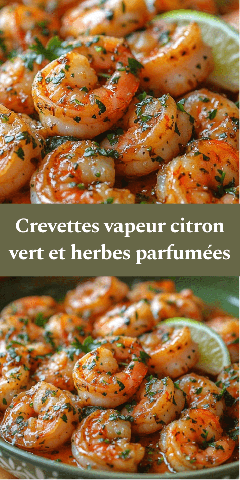 Crevettes vapeur rosées nappées de sauce citron vert et herbes fraîches, servies dans un plat avec quartiers de citron et persil ciselé.