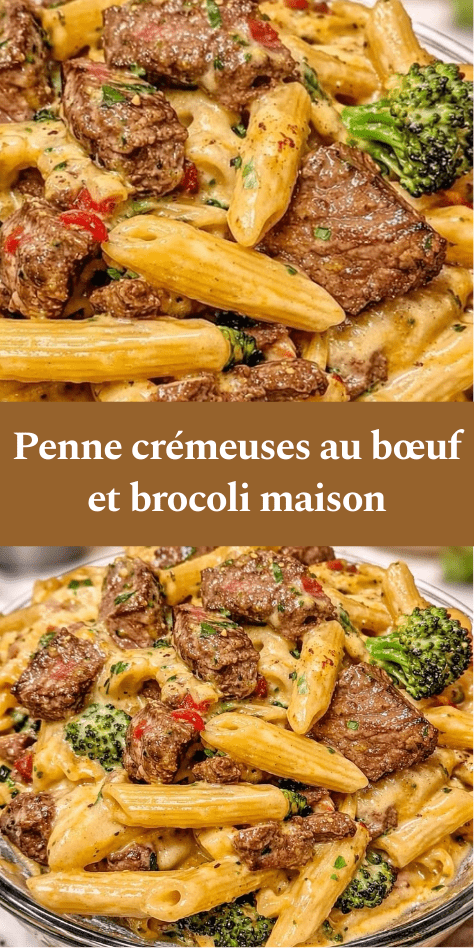 Assiette de penne crémeuses au bœuf et brocoli, avec morceaux de steak dorés, sauce au parmesan, persil frais et poivre noir.