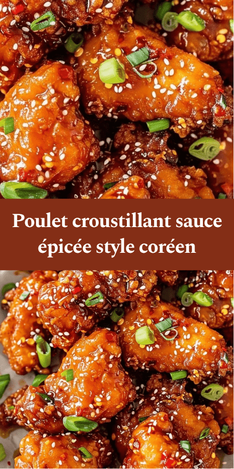 Morceaux de poulet croustillant frit nappés de sauce épicée brillante avec graines de sésame et oignons verts, servis chauds.