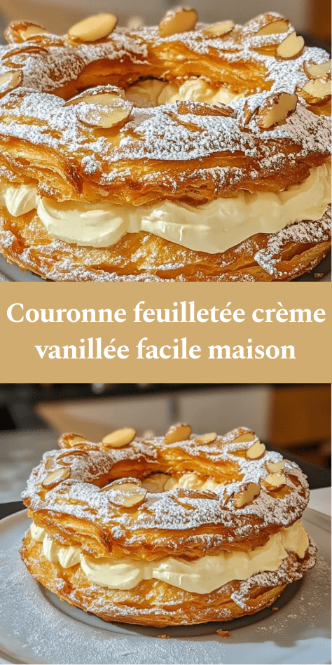 Couronne feuilletée dorée garnie de crème vanillée légère, décorée d’amandes effilées et saupoudrée de sucre glace.