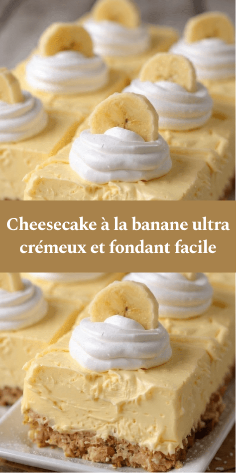 Cheesecake à la banane ultra crémeux présenté sur un plat, avec base de biscuits sablés, garniture onctueuse, chantilly et rondelles de banane fraîches.