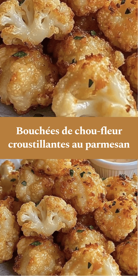 Bouchées de chou-fleur croustillantes au parmesan, dorées au four, servies chaudes avec persil frais et sauce crémeuse maison.