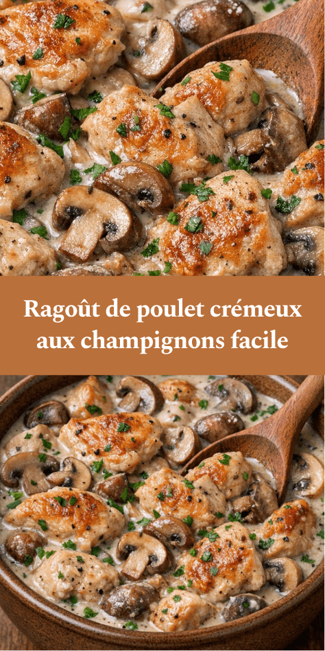 Ragoût de poulet crémeux aux champignons servi chaud, avec morceaux de poulet tendres, sauce onctueuse, champignons et persil frais.