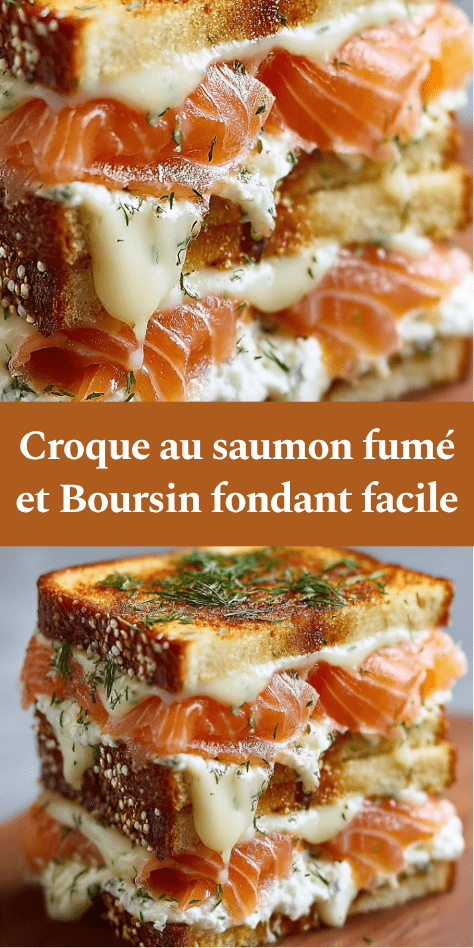 Croque au saumon fumé et Boursin, pain doré croustillant avec fromage fondu, servi chaud avec salade verte et citron.