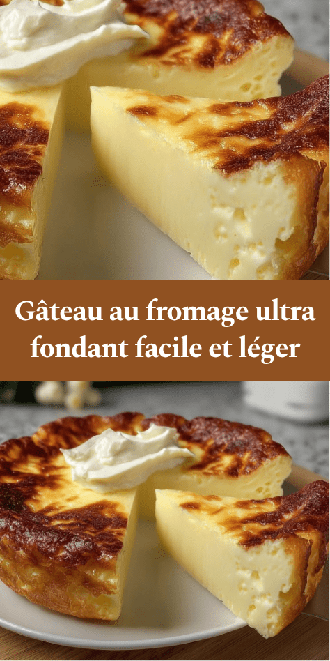 Gâteau au fromage ultra fondant doré au four, texture moelleuse et crémeuse, servi en part avec coulis de fruits et léger saupoudrage de sucre.