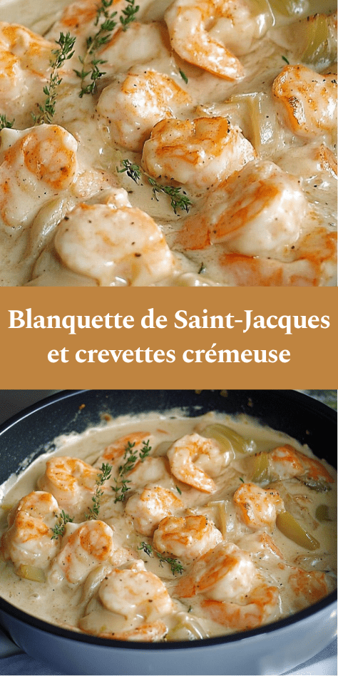 Blanquette de Saint-Jacques et crevettes servie chaude avec sauce crémeuse, persil frais et accompagnement de riz blanc.