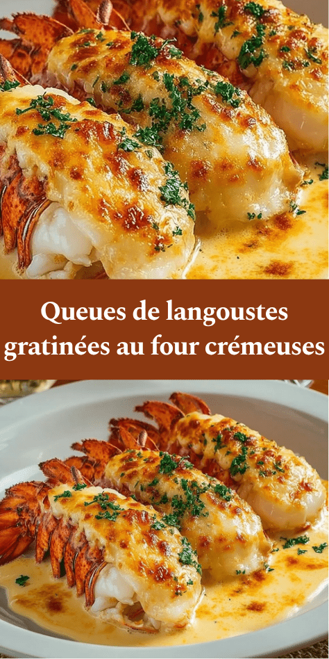 Queues de langoustes gratinées au four, chair tendre nappée de sauce crémeuse et fromage doré, servies chaudes avec persil frais.
