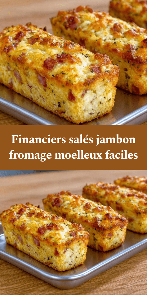 Financiers salés au jambon et fromage dorés, moelleux à l’intérieur, servis chauds avec herbes fraîches sur une table d’apéritif.