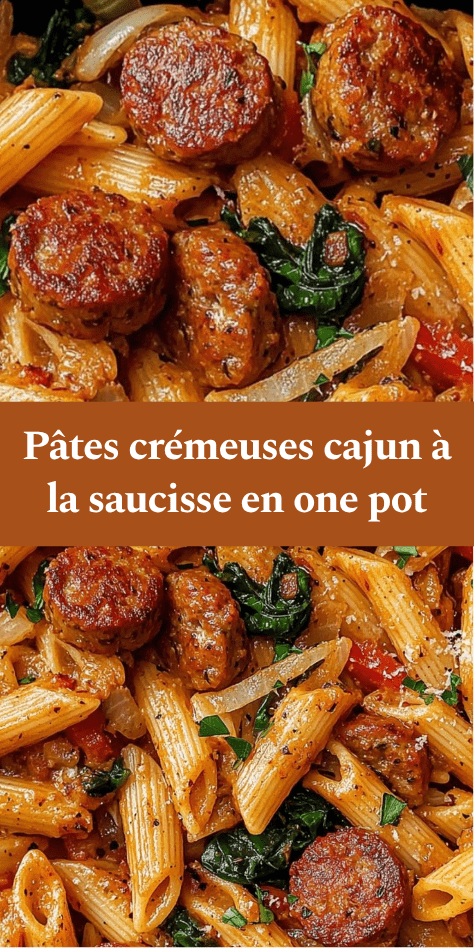 Assiette de pâtes crémeuses cajun à la saucisse fumée, avec poivron, parmesan fondu et persil frais, servie bien chaude dans une assiette creuse.