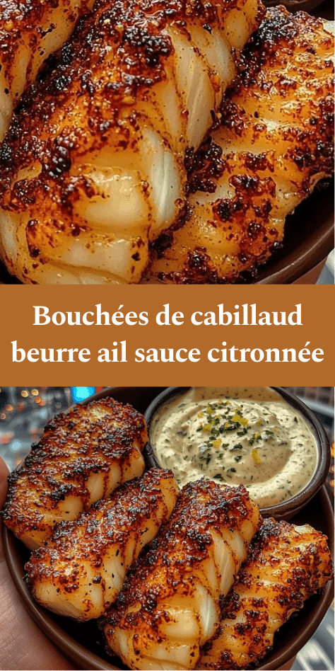Bouchées de cabillaud dorées à la poêle au beurre à l’ail, morceaux croustillants, servis avec une sauce citronnée au yaourt et herbes dans un bol.