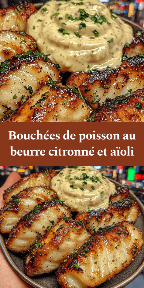 Bouchées de poisson blanc dorées au beurre citronné, servies chaudes avec persil frais et aïoli crémeux à l’ail dans un petit bol.