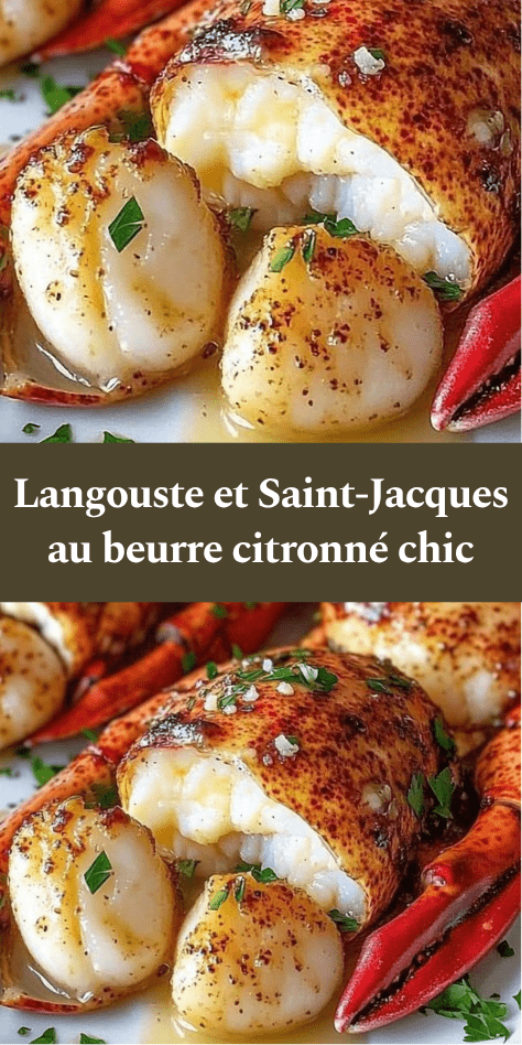 Assiette élégante de queues de langouste et Saint-Jacques dorées, nappées de beurre citronné avec persil frais et citron en garniture.
