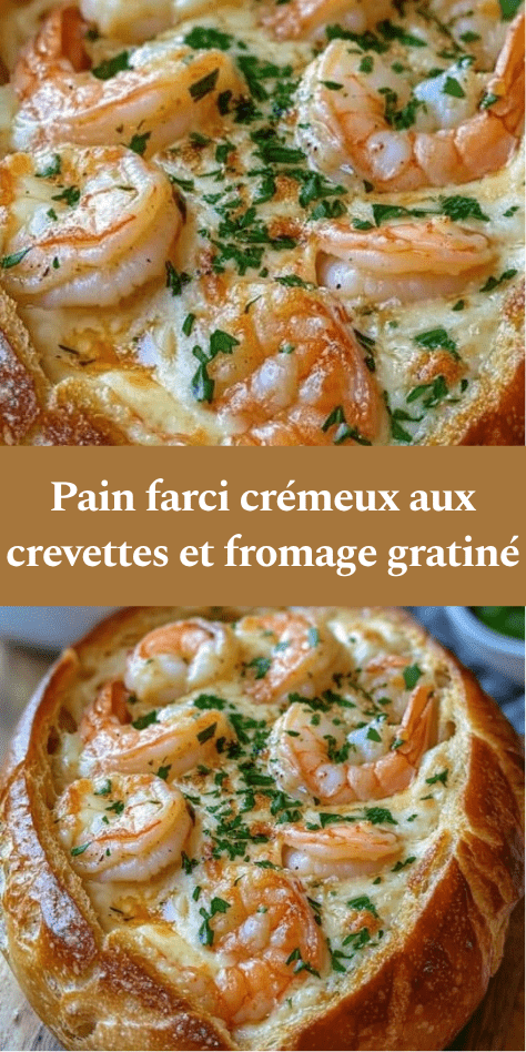 Pain farci croustillant garni de crevettes crémeuses au fromage fondu, gratiné au four avec persil frais et texture dorée appétissante.