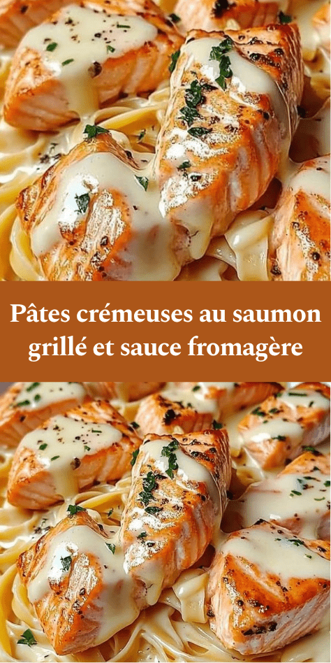 Assiette de pâtes crémeuses au saumon grillé avec sauce au fromage fondue, morceaux de saumon dorés et persil frais en finition.