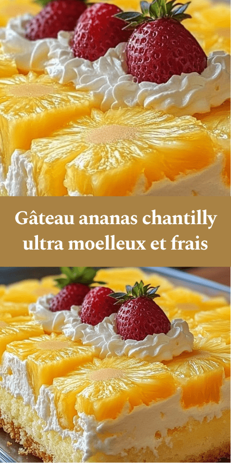 Gâteau ananas moelleux garni de chantilly légère, décoré de tranches d’ananas juteuses et de fraises fraîches sur le dessus.