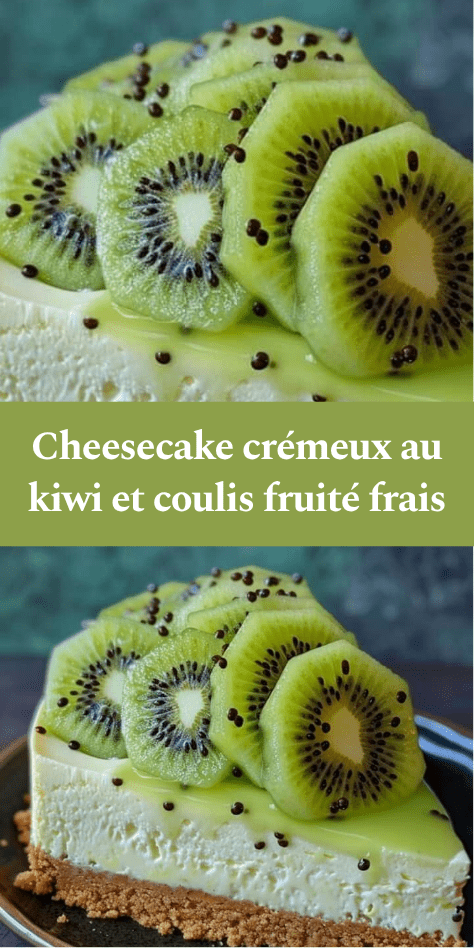 Cheesecake au kiwi sans cuisson avec base biscuitée croustillante, crème onctueuse et tranches de kiwi brillantes nappées de coulis fruité.