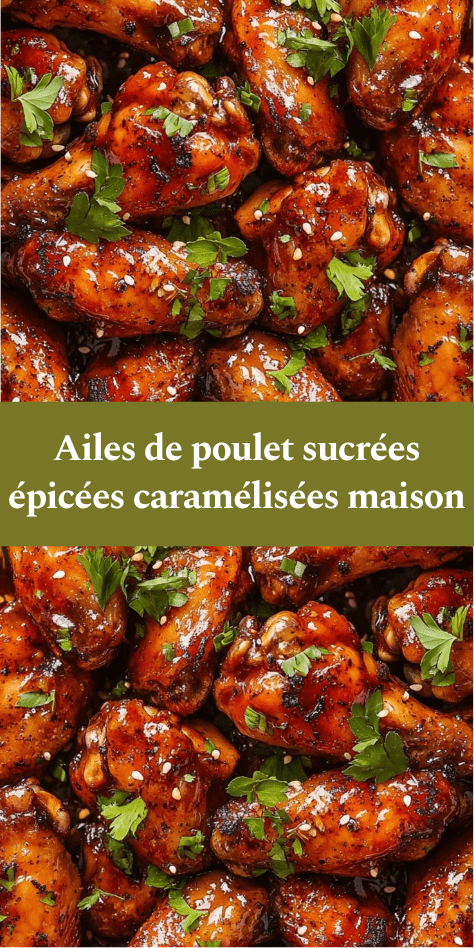 Ailes de poulet croustillantes nappées de sauce caramélisée miel soja, brillantes et parsemées de graines de sésame et herbes fraîches.