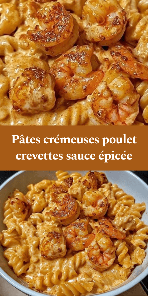 Assiette de pâtes crémeuses avec morceaux de poulet doré et crevettes, nappées d’une sauce épicée au fromage, texture onctueuse et appétissante.