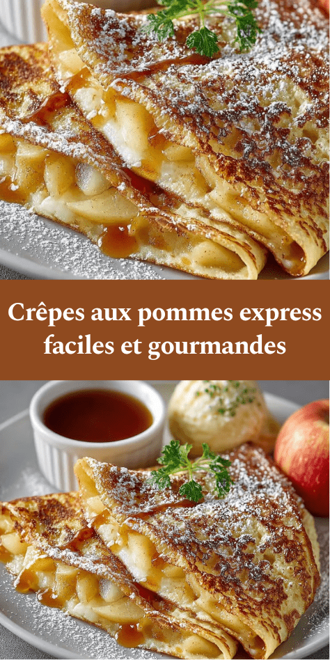 crêpes aux pommes fondantes légèrement caramélisées, saupoudrées de sucre glace et servies avec un filet de miel.