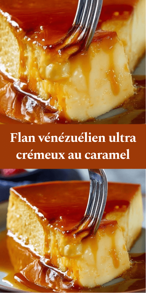 Flan vénézuélien ultra crémeux démoulé sur un plat, nappé de caramel ambré coulant, surface lisse et brillante, part découpée montrant une texture fondante.