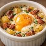 Deux œufs cocotte servis en ramequins, garnis de crème onctueuse, pommes de terre fondantes, lard fumé croustillant et ciboulette fraîche.