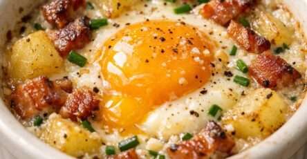 Deux œufs cocotte servis en ramequins, garnis de crème onctueuse, pommes de terre fondantes, lard fumé croustillant et ciboulette fraîche.