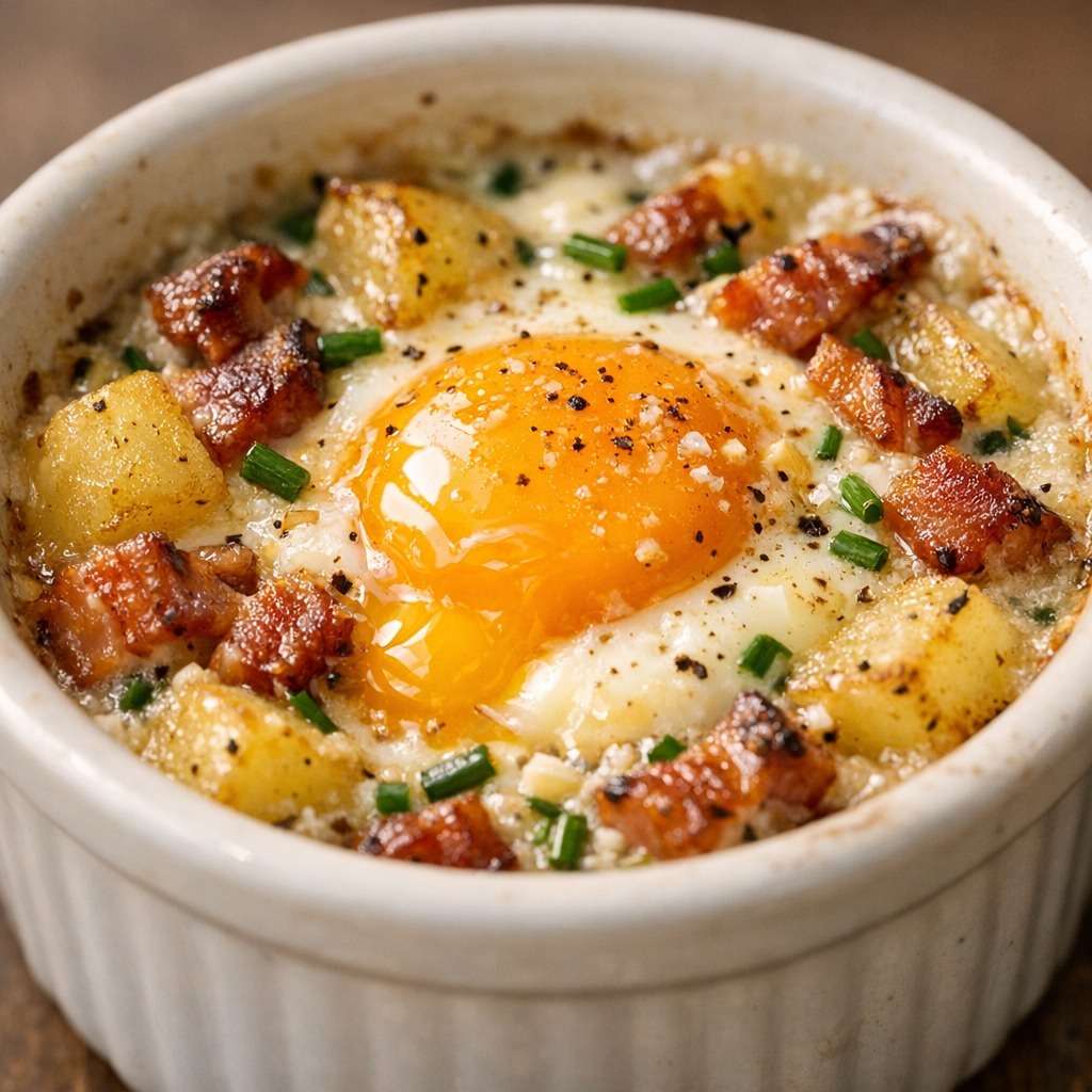 Deux œufs cocotte servis en ramequins, garnis de crème onctueuse, pommes de terre fondantes, lard fumé croustillant et ciboulette fraîche.