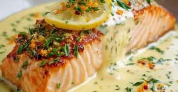 Pavés de saumon au four nappés d’une sauce crémeuse au citron, garnis de rondelles de citron et d’herbes fraîches dans un plat de cuisson.