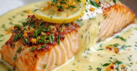 Pavés de saumon au four nappés d’une sauce crémeuse au citron, garnis de rondelles de citron et d’herbes fraîches dans un plat de cuisson.