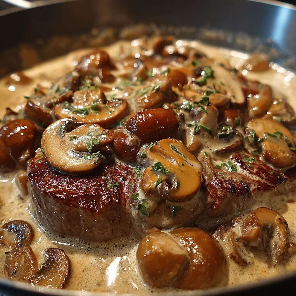Joues de bœuf mijotées avec champignons dans une sauce crémeuse, servies chaudes avec persil frais dans une cocotte rustique.