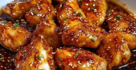 Morceaux de poulet teriyaki brillante, parsemés de sésame et ciboulette, servis avec du riz dans une assiette.