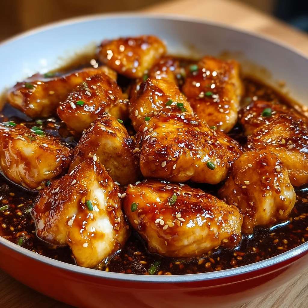 Morceaux de poulet teriyaki brillante, parsemés de sésame et ciboulette, servis avec du riz dans une assiette.