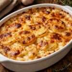 Gratin dauphinois traditionnel doré au four, couches de pommes de terre fondantes nappées de crème, servi dans un plat à gratin rustique.
