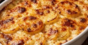 Gratin dauphinois traditionnel doré au four, couches de pommes de terre fondantes nappées de crème, servi dans un plat à gratin rustique.