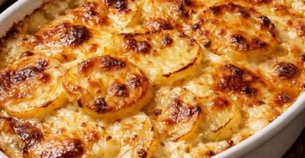 Gratin dauphinois traditionnel doré au four, couches de pommes de terre fondantes nappées de crème, servi dans un plat à gratin rustique.