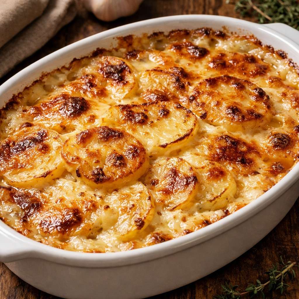 Gratin dauphinois traditionnel doré au four, couches de pommes de terre fondantes nappées de crème, servi dans un plat à gratin rustique.