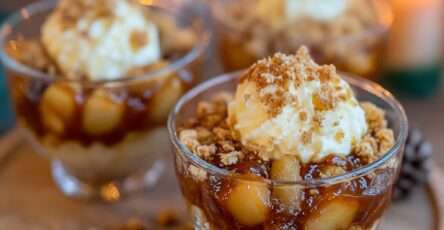 Verrine pomme caramélisées, crème onctueuse et crumble de biscuits sablés, nappées de caramel fondant.