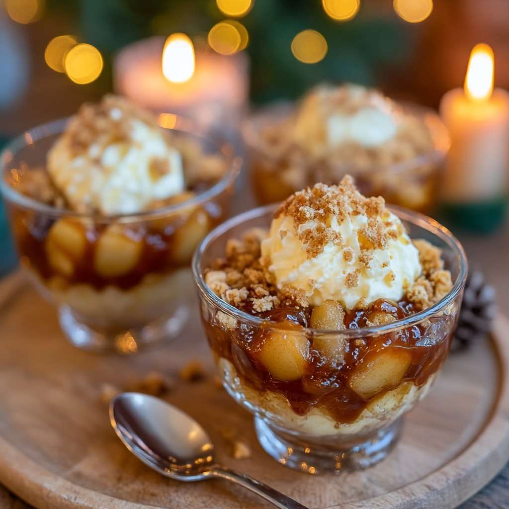 Verrine pomme caramélisées, crème onctueuse et crumble de biscuits sablés, nappées de caramel fondant.