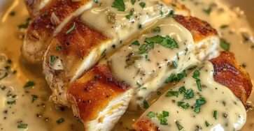 Blancs de poulet au boursin dorés nappés d’une sauce crémeuse au Boursin, garnis de persil frais dans une poêle chaude.