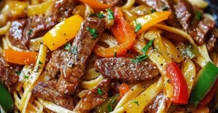 Nouilles sautées au bœuf avec poivrons colorés, oignon et herbes fraîches, servies chaudes dans un wok.