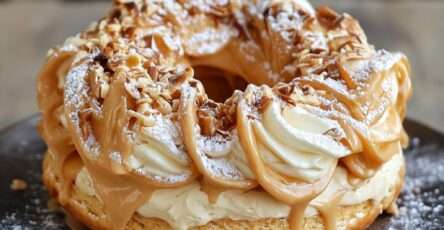 Paris-Brest en forme de couronne garni de crème pralinée, pâte à choux dorée avec amandes effilées et sucre glace.
