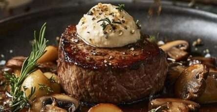 Filet mignon de porc nappé d’une sauce crémeuse au Boursin avec champignons de Paris dorés, servi chaud avec persil frais dans une poêle.