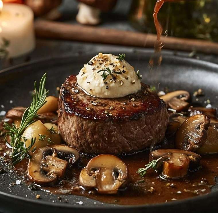 Filet mignon de porc nappé d’une sauce crémeuse au Boursin avec champignons de Paris dorés, servi chaud avec persil frais dans une poêle.