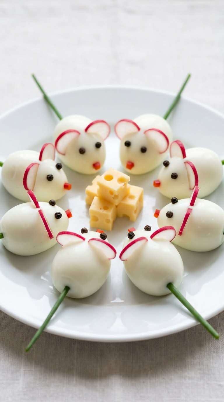 Œufs souris durs décorés en petites souris avec oreilles en radis, yeux en poivre, nez en carotte et queue en ciboulette, présentés avec cubes de fromage.