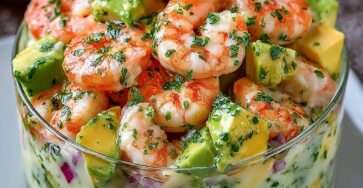Salade de crevettes et avocat en dés nappée d’une sauce crémeuse aux herbes, présentée dans un bol avec persil frais et oignon rouge.