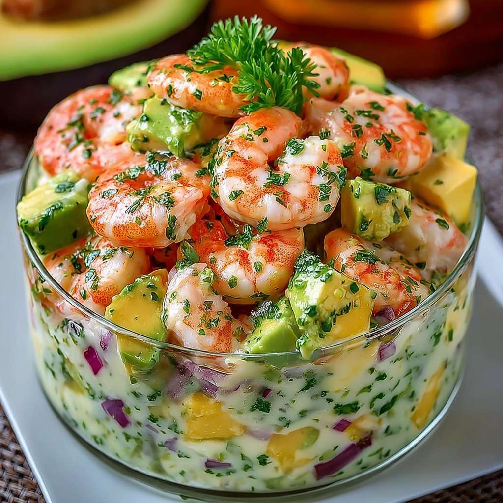 Salade de crevettes et avocat en dés nappée d’une sauce crémeuse aux herbes, présentée dans un bol avec persil frais et oignon rouge.