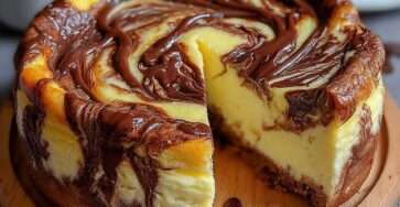 Gâteau marbré chocolat vanille moelleux avec texture crémeuse, tranches visibles révélant un marbrage chocolat fondu et vanille, servi sur une assiette.