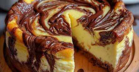 Gâteau marbré chocolat vanille moelleux avec texture crémeuse, tranches visibles révélant un marbrage chocolat fondu et vanille, servi sur une assiette.