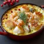 Cassolette de fruits de mer gratinée au four avec crevettes, moules et Saint-Jacques nappées d’une sauce crémeuse dorée au fromage.
