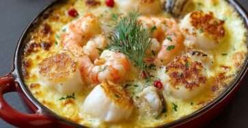 Cassolette de fruits de mer gratinée au four avec crevettes, moules et Saint-Jacques nappées d’une sauce crémeuse dorée au fromage.